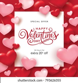 Valentines day sale poster with pink and red hearts background