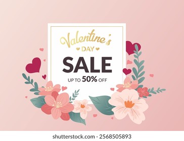 Valentines day sale poster, post, flyer. White card surrounded by hearts and flowers. Pink, love, happy