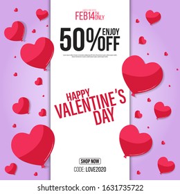 Valentines day sale poster with red hearts background