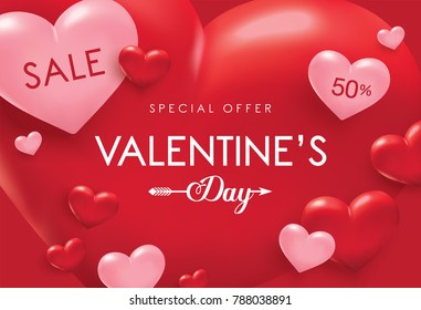 Valentines day sale poster with red and pink hearts background
