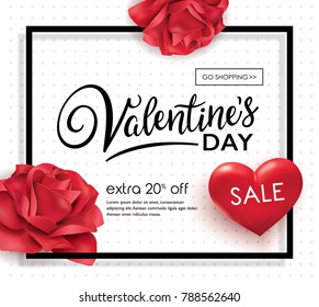 Valentines day sale poster with red roses and heart 