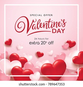 Valentines day sale poster with red and pink hearts background