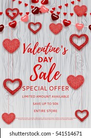 Valentine's Day sale poster. Romantic composition with garlands from paper. Beautiful backdrop with heart from threads on wooden texture. Vector illustration.