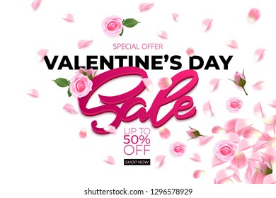 Valentines day sale poster with rose petals. Fifty percent sale poster, advertising, booklet. Vector illustration with isolated design elements