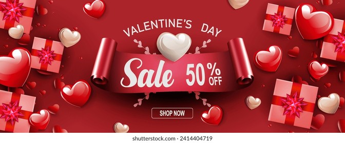 Valentine's Day sale poster, silhouettes of hearts and gift boxes.
