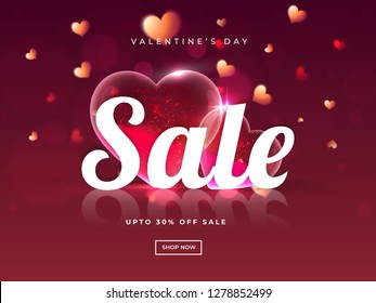 Valentine's Day sale poster or template design with 30% discount offer and decorative heart shapes on glossy red background.