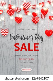 Valentine's Day sale poster. Vector illustration with red paper garlands and glowing garlands with hearts on wooden texture. Holiday greeting banner. Promo seasonal offer.