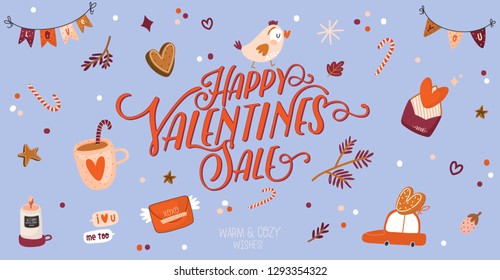 Valentines Day Sale posters and banners. Scandinavian cute Love illustration in vector. Happy Valentines Day elements and holiday typography good for winter sale stickers, labels, tags, cards, posters