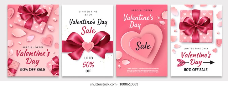 Valentine's Day sale posters. Romantic composition with hearts, petals and gifts. Vector illustration for website , posters,ads, flyers and other promotional material.