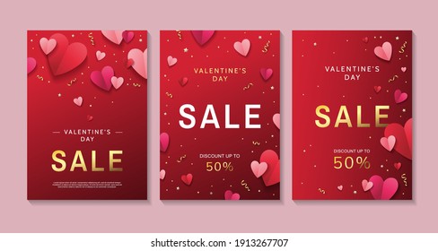 Valentine's day sale posters set with red and pink paper hearts and golden confetti on red background. Discount up to 50%. - Vector