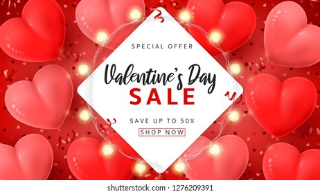 Valentine's Day sale promo banner. Vector illustration with realistic air balloons, glowing garlands, red serpentine and confetti on red background. Promo seasonal offer.