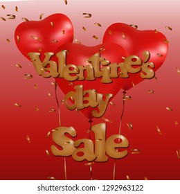 Valentine's Day sale promo banner. 3D realism. Vector illustration with realistic air balloons in the shape of a heart with golden letters and glitter. Promo seasonal offer. Commercial design.