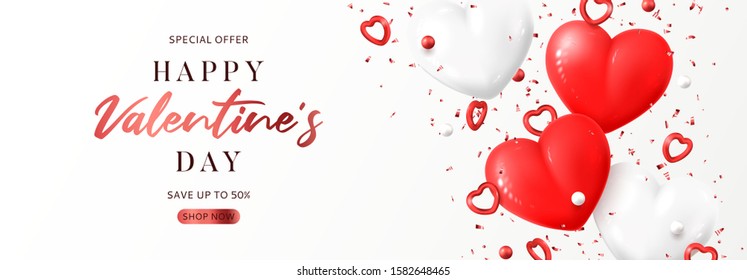 Valentine's Day sale promo banner. Vector illustration with realistic flying red and white hearts, balls and confetti on white background. Festive greeting card, horizontal promo banner.