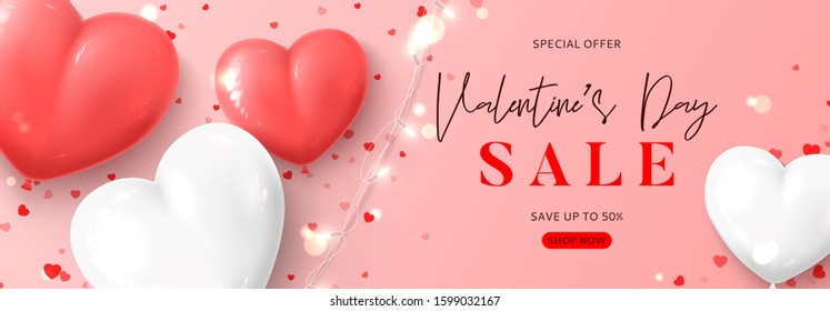 Valentine's Day sale promo banner. Vector illustration with realistic pink and white balloons, sparkling light garland and confetti on pink background. Holiday gift card. Festive greeting background.