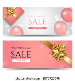 Valentine's day sale promo banner template decorated with realistic balloons, present gift box, bokeh effect. Gradient vector design.