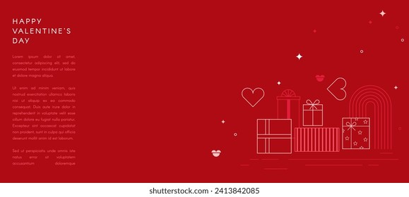 Valentine's Day sale promo banner. Vector illustration with line gift box, hearts and kisses on red background. Promo discount banner.
