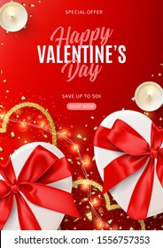 Valentine's Day sale promo poster. Vector illustration with realistic white gift boxes, sparkling light garland, candles and confetti on red background. Promo discount banner.