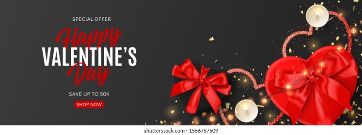 Valentine's Day sale promo web banner. Vector illustration with realistic red and black gift boxes, sparkling light garland, candles and confetti on black background. Promo discount banner.