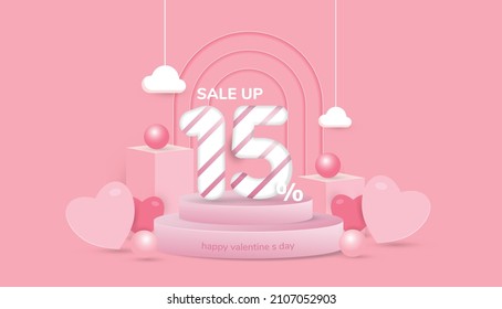 Valentine's day sale promotion 15%. 3d podium Free Vector. Off discount creative composition sale symbol.