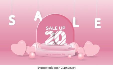 Valentine's day sale promotion 20%. 3d podium Free Vector. Off discount creative composition sale symbol.
