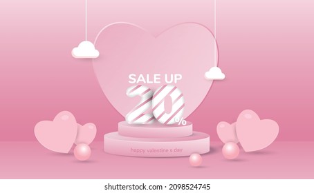 Valentine's day sale promotion. 3d podium Free Vector. Off discount creative composition sale symbol.