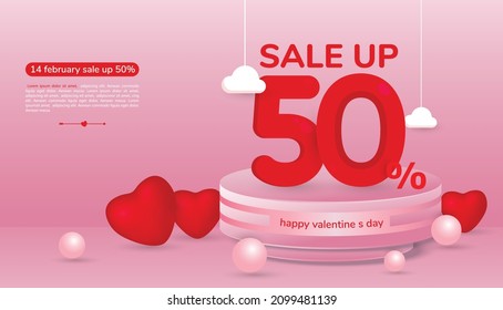 Valentine's day sale promotion 50%. 3d podium Free Vector. Off discount creative composition sale symbol.