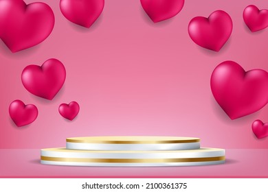 Valentine's Day Sale Promotion Background with Realistic Hearth or Love Shape and 3D Podium