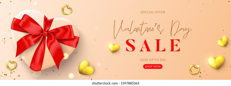 Valentine's Day sale promotion banner. Vector illustration with realistic gift box, gold hearts and golden confetti. Promo discount banner.