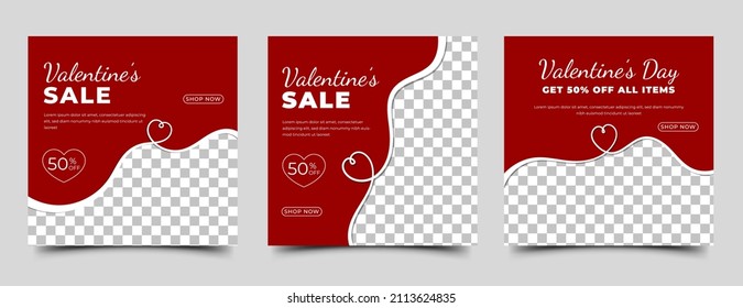 Valentine's day sale promotion banner design template. Modern square banners with place for the photo. Usable for social media post, banner, and web.