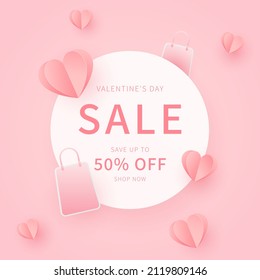 Valentine's day sale promotion banner template. Design for advertising, background, banner, social media, poster, flyer. Vector in paper cut style.