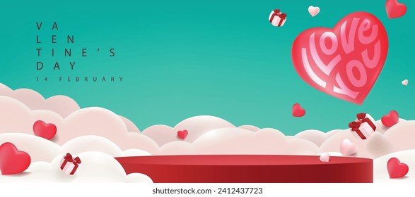 Fondo de banner de promoción de la venta del día de San Valentín con forma cilíndrica de la pantalla del producto y globo de forma cardiaca en el cielo 