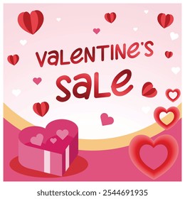 Valentine's Day sale promotion with gift box. Paper cut heart shapes flying in the sky. Valentine's Day 2025 concept. Flat vector illustration.