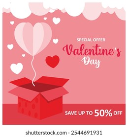 Valentine's Day sale promotion. Open a gift box with heart-shaped balloons. Valentine's Day 2025 concept. Flat vector illustration.