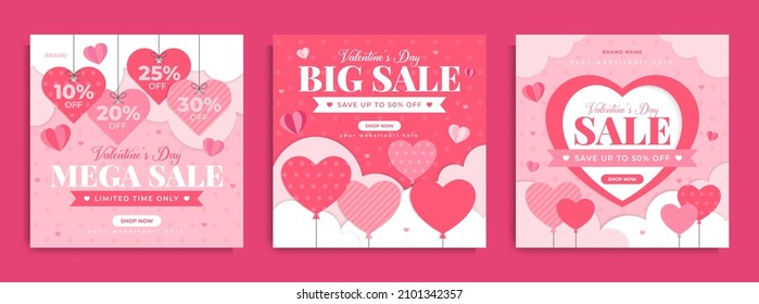 Valentine's day sale promotion social media post template design. Happy valentine day celebration banner or flyer with abstract heart or love balloon. Holiday business marketing web poster.