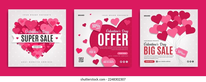 Plantilla de publicación de banner de promoción de venta de San Valentín en medios sociales. Volante de marketing de negocios con globo de corazón o amor. Afiche de decoración de fondo de la celebración del día de San Valentín con adorno.