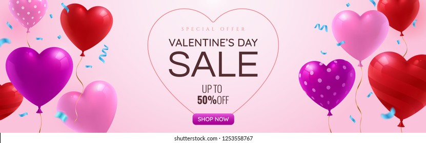 Valentines day Sale promotion web banner with glossy red, pink and purple balloons on pinky background. Falling blue festive confetti. St. Valentine's Day greeting card template. Vector eps 10. Valentines day Sale promotion web banner with glossy red, pink and purple balloons on pinky background. Falling blue festive confetti. St. Valentine's Day greeting card template. Vector eps 10.