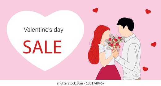 Valentine's Day Sale Promotion Web Banner. Couple with a bouquet for Valentine's day. Relationships, love, dating 