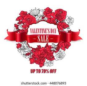 Valentines Day Sale. Realistic red vintage ribbon banner.