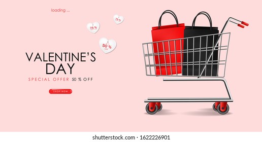 Valentines day sale, realistic shop cart with shop bags, sale banner, big promotion card illustration, special sale template, love banner, romantic card vector