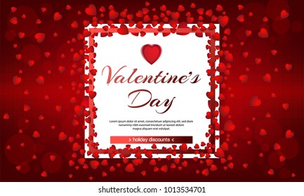 Valentines day. Sale. Red background with hearts and white frame. Vector illustration. Wallpaper, flyers, invitation, posters, brochure, banners. Chemistry of love. February 14