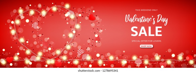 Valentine's Day sale red banner. Vector illustration with top view on paper garlands and glowing garlands with hearts on red background. Holiday greeting card. Promo seasonal offer.