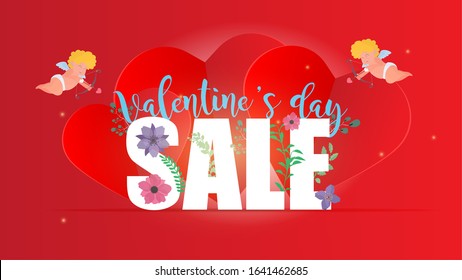 Valentine's day sale red banner.
Cupids, red hearts, lettering and flowers.
Good for escorting sales and discounts for Valentine's Day.
Vector illustration.