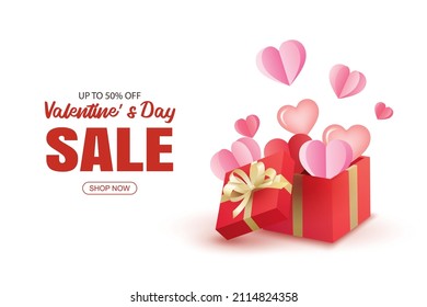 Valentine's day sale with red gifts boxes and a lot of hearts on white background.