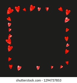 Valentines day sale with red glitter hearts. February 14th. Vector confetti for valentines day sale template. Grunge hand drawn texture. Love theme for gift coupons, vouchers, ads, events.