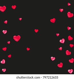 Valentines day sale with red glitter hearts. February 14th day. Vector confetti for valentines day sale template. Grunge hand drawn texture. Love theme for gift coupons, vouchers, ads, events.