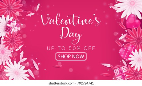 Valentine's Day Sale red magenta banner as sweet tone color included floral ,gift box and heart decoration ,composition is top view arrangement at left and right
