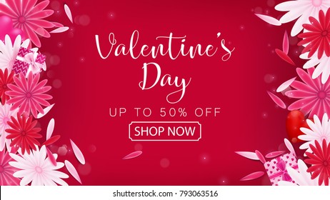 Valentine's Day Sale red magenta banner as sweet tone color included floral ,gift box and heart decoration ,composition is top view arrangement at left and right