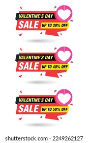Valentines day sale red origami labels set. Sale 30%, 40%, 50% off discount. Vector illustration