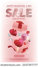 Valentine's Day sale, red and pink heart-shaped balloons flying out of opened gifts