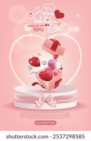 Valentine's Day sale, red and pink heart-shaped balloons flying out of opened gifts on stand